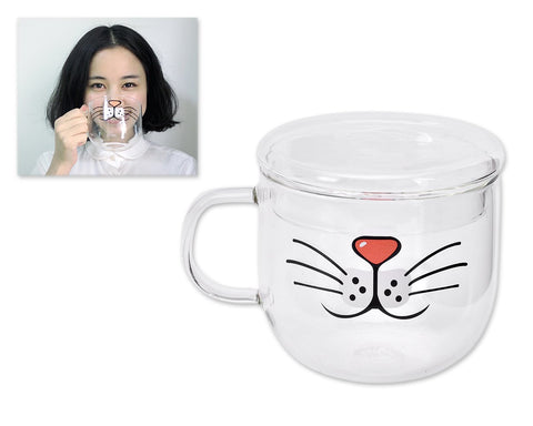 Cat Beard Cute Mug with Lid 500 Milliliter/17 Ounces Transparent Glass Funny Tea Cup Coffee Mug for Drinking Water Novelty Morning Mug