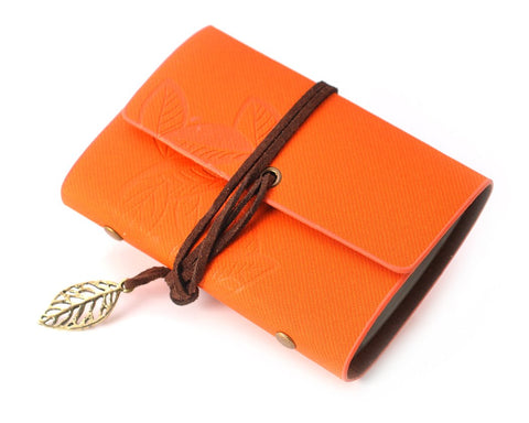 Leaf Pattern Leather Card Holder - Orange