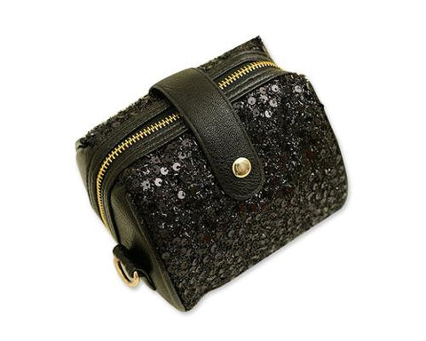 Chic Mini Shoulder Bag with Detatchable Strap - Black Sequin