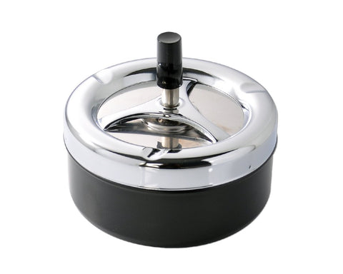 Round Push Down Spinning Metal Ashtray - Black