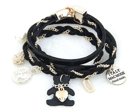 Teddy Bear Pendant Black Leather Bracelet