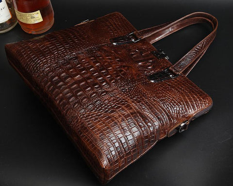 Crocodile Pattern Style Leather Slim Business Briefcase - Brown