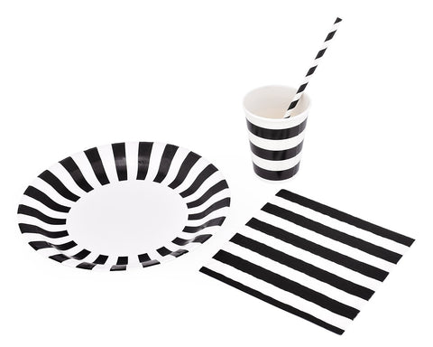 12 Sets Disposable Party Pack with Stripe Pattern - Black