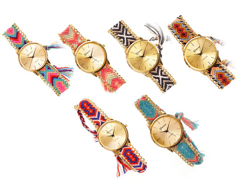 Women Ethnic Knitted Weaved Band Bracelet Quartz Dial Wrist Watch