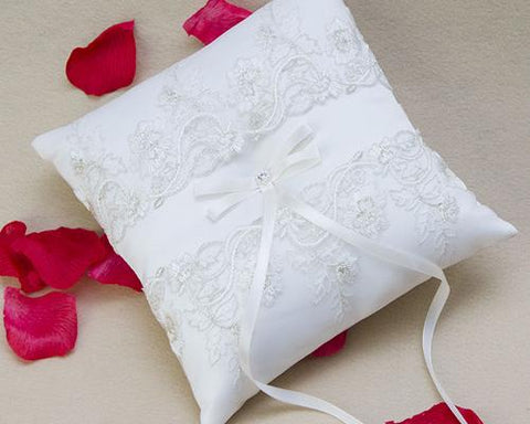 Elegant White Ribbon Lace Satin Wedding Ring Pillow