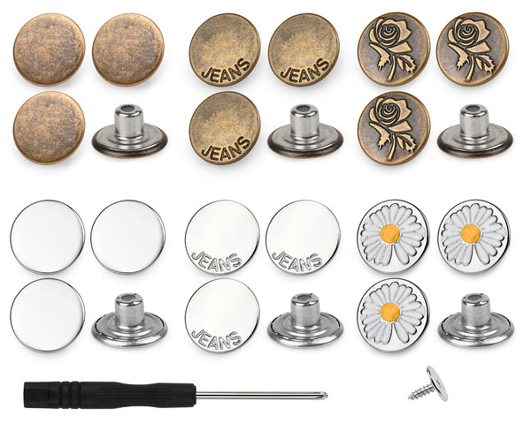 Jean Buttons for Loose Jeans 24 Sets Screw-in Pants Button Tightener 17mm Jeans