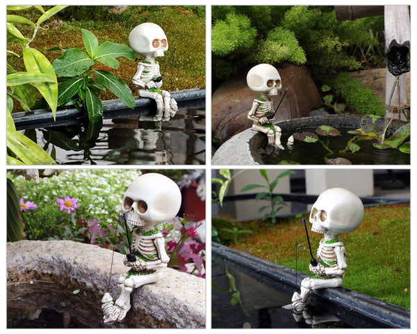 Fishing Skeleton Statue 4.5 Inch Mini Skull Figurines Halloween Gothic Decor Res