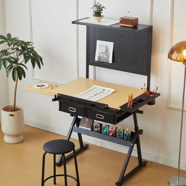 Drafting Table with Metal Peg Board Height Adjustable 0-70° Tilting Tabletop Art