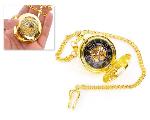 Luxury Hand Wind Mechanical Pocket Watch with Chain - Golden
