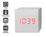 Wood Cube LED Alarm Clock with Date Time Temperature