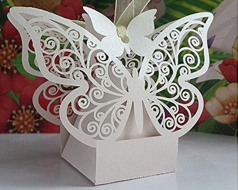Laser Cut Twins Butterfly Wedding Candy Boxes with Ribbons - White