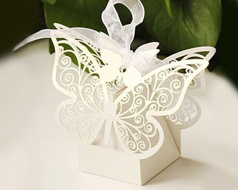 Laser Cut Twins Butterfly Wedding Candy Boxes with Ribbons - White