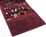 Velvet Small Jewelry Roll Bag Travel Jewelry Organizer - Burgundy