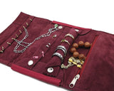 Velvet Small Jewelry Roll Bag Travel Jewelry Organizer - Burgundy