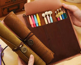 Roll up Pencil Case with Hexagonal Star Pendant PU Leather Pen Wrap