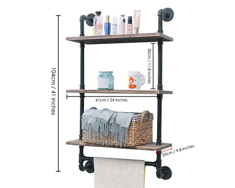 Bathroom Shelves 3 Tier Wall Mounted Book Storage Rack with Floating Pipe