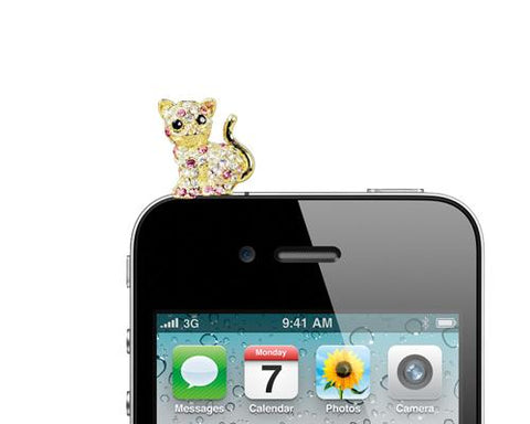 Crystal Animal Headphone Jack Plug - Pink Cat