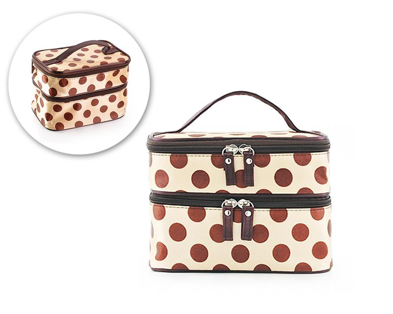 Double Layer Dots Pattern Makeup Bag with Mirror - Beige