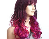 Heat Resistant Long Curly Wig with Side Swept Bangs- Purple Red