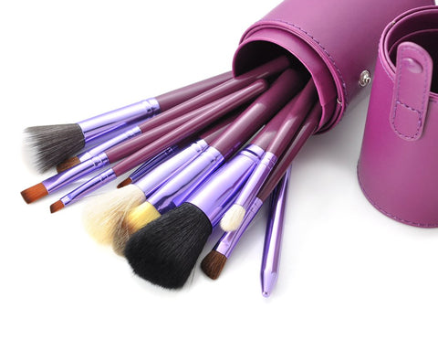 12 Pcs Professional Makeup Brush Set with Cup Holder - Purple