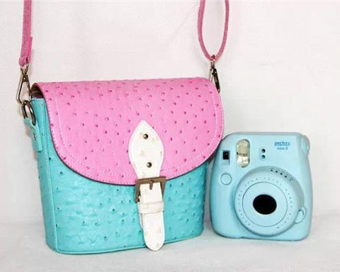 PU Ostrich Leather Multi-way Shoulder Bag - Pink and Light Blue