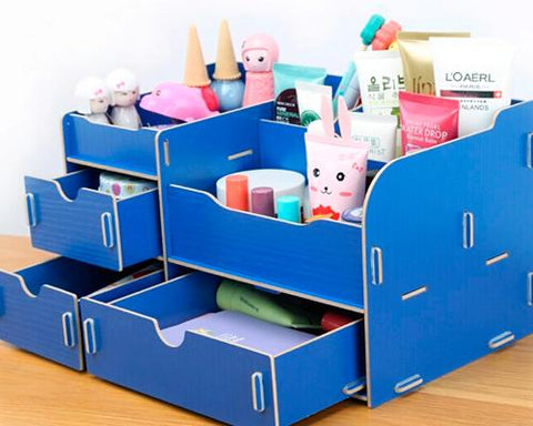 Decorative DIY Wooden Desk Cosmetic Storage Box - Navy