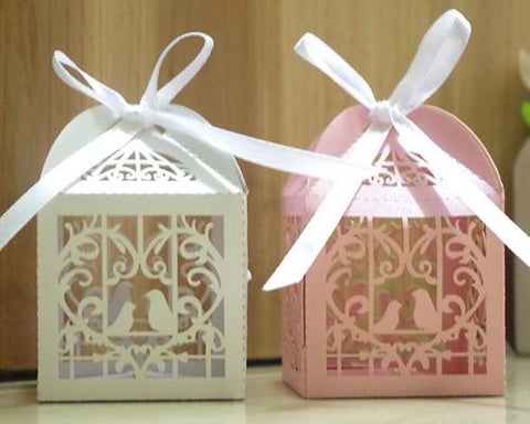 Laser Cut Love Birds Wedding Candy Boxes with Ribbons