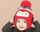 Penguin Warm Woolen Baby Hat with Earflap for 1-3 Years Old - Red