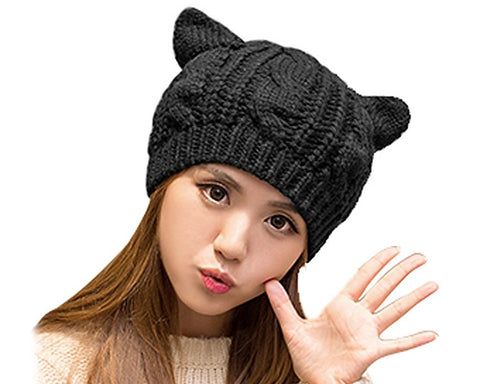 Korean Style Women Winter Cat Ear Knit Hat - Black