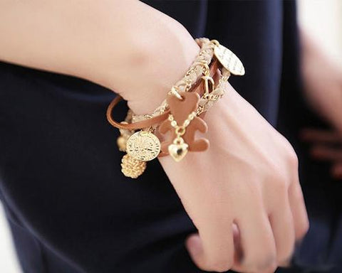 Teddy Bear Pendant White Leather Bracelet