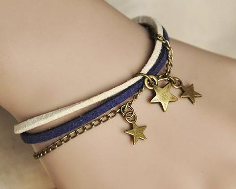 Star Pendant Black Leather Bracelet