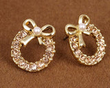 Sweet Ribbon Crystal Pearl Earrings Studs for Women