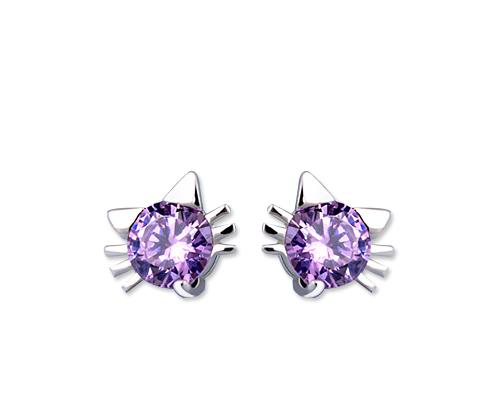 Lovely Cat 925 Sterling Silver Bling Crystal Stud Earrings - Purple
