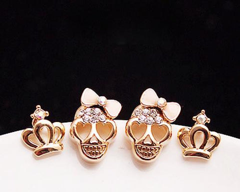 Lovely Skull and Crown Stud Earrings
