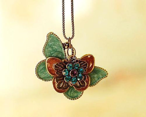 Vintage Butterfly Flower Crystal Necklace