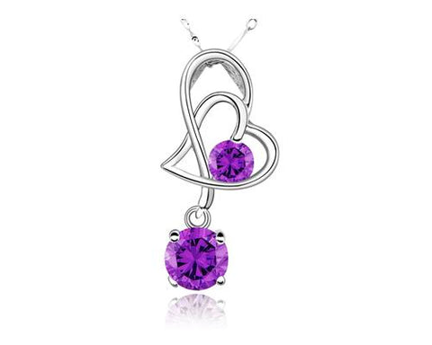 Elegant 925 Sterling Silver Bling Crystal Heart Necklace - Purple