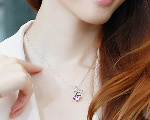 Lovely Heart Apple Bling Crystal Necklace - Pink