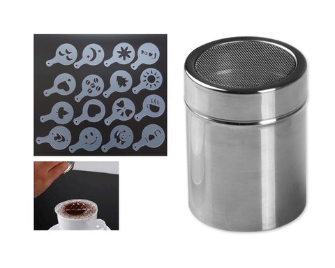 Stainless Steel Powder Shaker with 16 Pcs Cappuccino Coffee Stencils