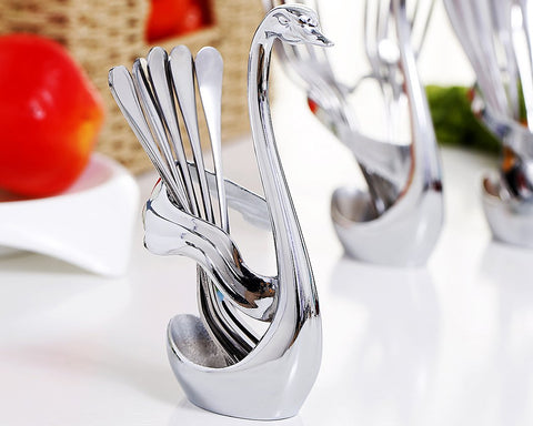 Stainless Steel Swan Shaped Cutlery Holder with 6 Pcs Flatware