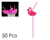 50 Pieces Flamingo Straws Decorate Party Supplies Set - Pink