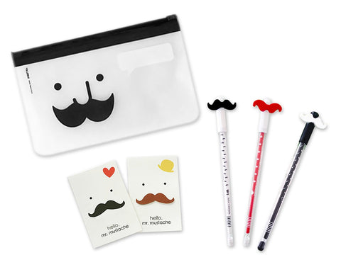 Mustache Stationery Set with Pencil Case, Pens and Sticky Notes