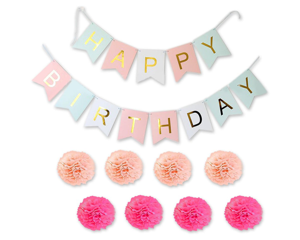 Happy Birthday Paper Banner and Flower Ball for Party Decoration