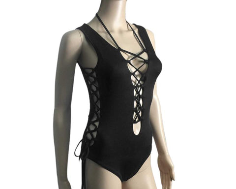 Deep Plunge Strappy Monokini Swimwear - Black