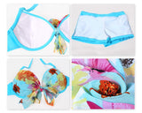 Halter Bikini Set with Floral Cover Up Blouse - Blue