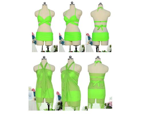 Solid Color Bandage Halter Bikini Set with Cover Up Sarong - Green