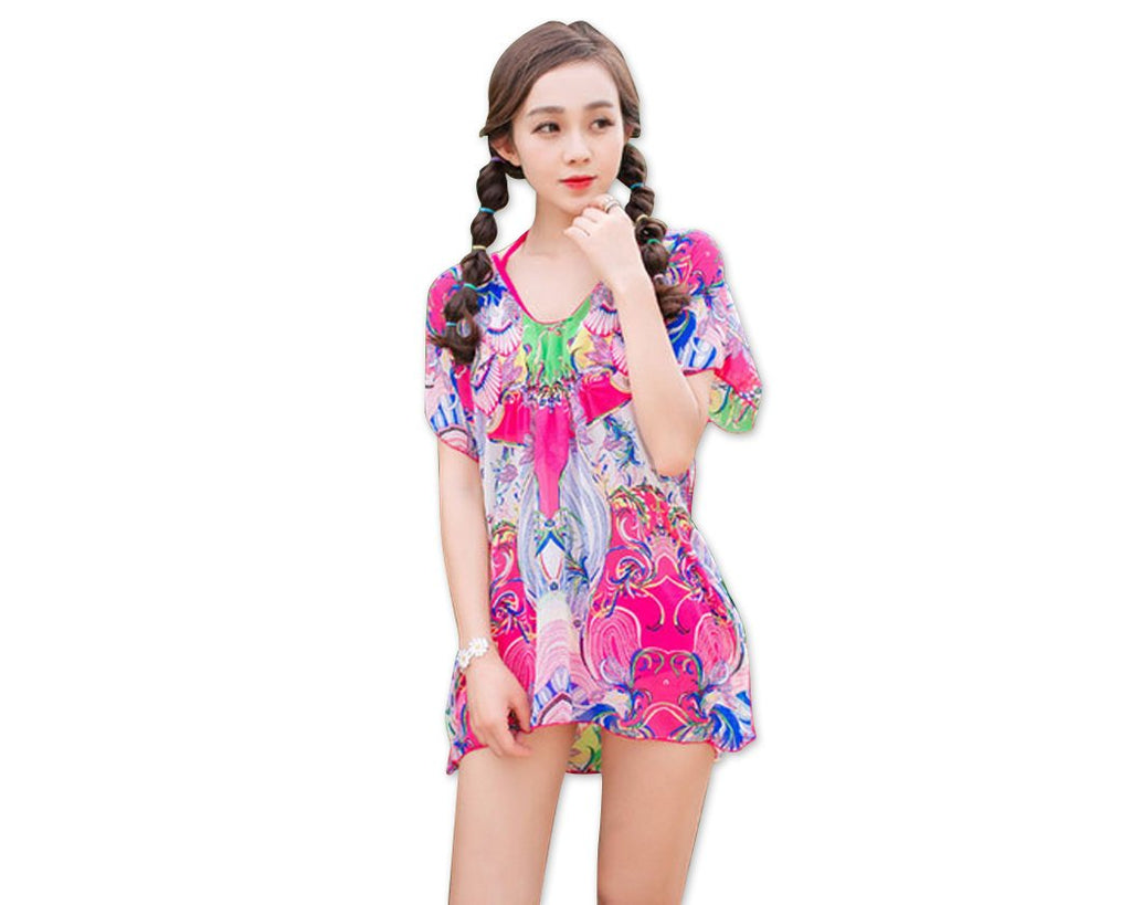 3 Pcs Floral Swimsuit Set with Tropical Cover Up Blouse - Magenta