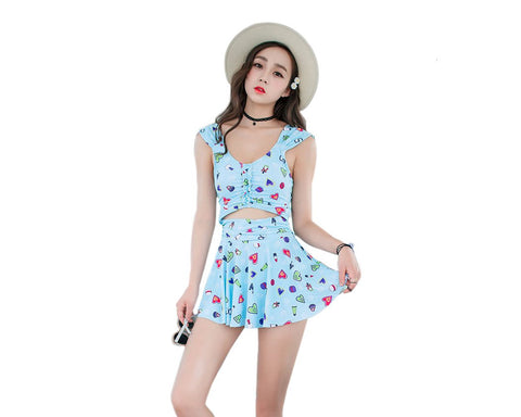 Lovely Girl Series Heart Print Swimdress - Blue