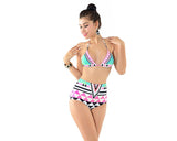 Geometric Print Halter Bikini with High Waist Bottom Set