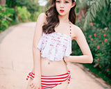 Lace Flounce Stripe Halter Bikini Set - Red