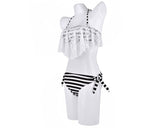 Lace Flounce Stripe Halter Bikini Set - Black
